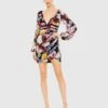 Floral Print Illusion Puff Sleeve V Neck Fitted Mini Dress