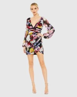 Floral Print Illusion Puff Sleeve V Neck Fitted Mini Dress