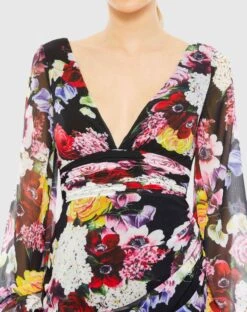 Floral Print Illusion Puff Sleeve V Neck Fitted Mini Dress -Fashion Dress Shop 55670 BlackMulti CL