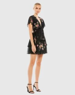 Tiered Ruffle Floral Print V Neck Butterfly Sleeve -Fashion Dress Shop 55673 BMU 4 WS