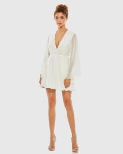 Solid Flowy V Neck Illusion Sleeve Mini Dress