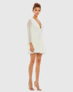 Solid Flowy V Neck Illusion Sleeve Mini Dress 6 Solid Flowy V Neck Illusion Sleeve Mini Dress -Fashion Dress Shop 55684 White AS scaled