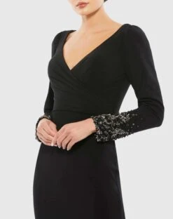 Beaded Cuff Long Sleeve Wrap Over Trumpet Gown -Fashion Dress Shop 55712 Black CL