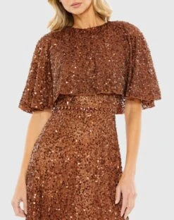Embellished Cape High Neck Midi Dress -Fashion Dress Shop 5577 Copper CL