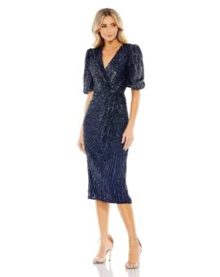 Sequined V-Neck Short Puff Sleeve Midi Dress