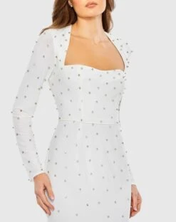Allover Rhinestone Long Sleeve Dress -Fashion Dress Shop 55792 White CL