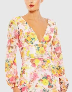 Sequined Floral Long Sleeve Mini Dress -Fashion Dress Shop 55798 PinkMulti CL