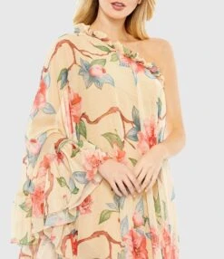 Floral Print One Shoulder Cape Dress -Fashion Dress Shop 55830 NudeMulti CL