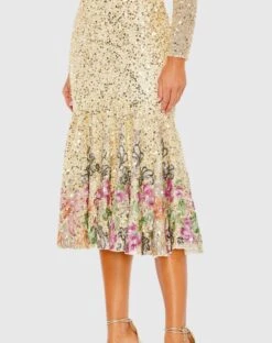 Long Sleeve Faux Wrap Embellished Tea Length Dress -Fashion Dress Shop 5589 GoldMulti CL2 scaled