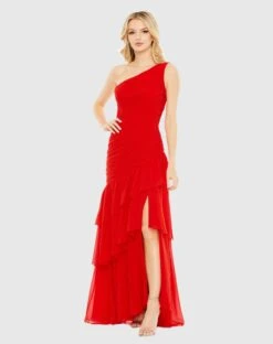 One Shoulder Asymmetrically Draped Ruffle Gown