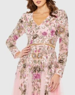 Hand Embellished Floral V Neck Long Sleeve Dress -Fashion Dress Shop 5594 Rose CL