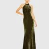 Halter Tie Front Slit Velvet Column Gown