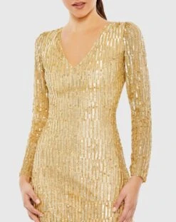 Sequined Long Sleeve V Neck Beaded Fringe Gown -Fashion Dress Shop 5612 GOL 3 WS