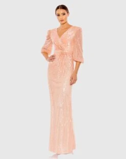 Fashion Dress Shop 3 Sequined Faux Wrap Puff Sleeve Gown