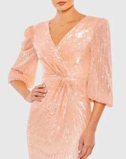 Sequined Faux Wrap Puff Sleeve Gown -Fashion Dress Shop 5614 Peach CL scaled