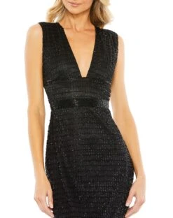 Beaded Cap Sleeve V Neck Column Gown -Fashion Dress Shop 5625 Black CL