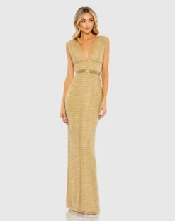 Beaded Cap Sleeve V Neck Column Gown -Fashion Dress Shop 5625 Gold AB
