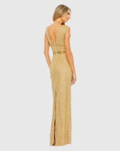 Beaded Cap Sleeve V Neck Column Gown -Fashion Dress Shop 5625 Gold BK