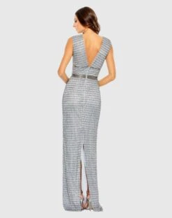 Beaded Cap Sleeve V Neck Column Gown -Fashion Dress Shop 5625 Silver BK