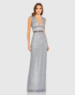 Beaded Cap Sleeve V Neck Column Gown -Fashion Dress Shop 5625 SIL Default 1 WS