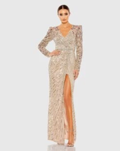 Long Sleeve Embellished Puff Sleeve Faux Wrap Gown