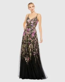 V Neck Floral Embellished Spaghetti Strap Gown -Fashion Dress Shop 5671 BlackMulti AB scaled