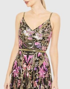 V Neck Floral Embellished Spaghetti Strap Gown -Fashion Dress Shop 5671 BlackMulti CL