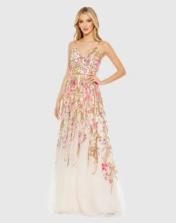 V Neck Floral Embellished Spaghetti Strap Gown