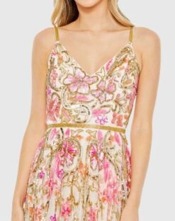 V Neck Floral Embellished Spaghetti Strap Gown -Fashion Dress Shop 5671 OysterMulti CL