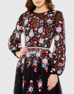 Sequined Floral High Neck Puff Sleeve Cocktail Dress -Fashion Dress Shop 5712 BlackMulti CL
