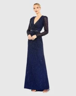 Sequined Wrap Over Long Sleeve Gown