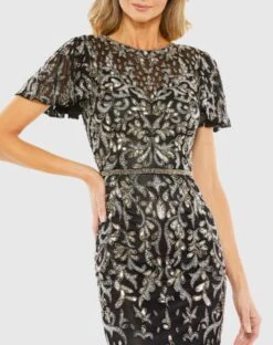 Embellished High Neck Flutter Sleeve Dress -Fashion Dress Shop 5727 BlackMulti CL