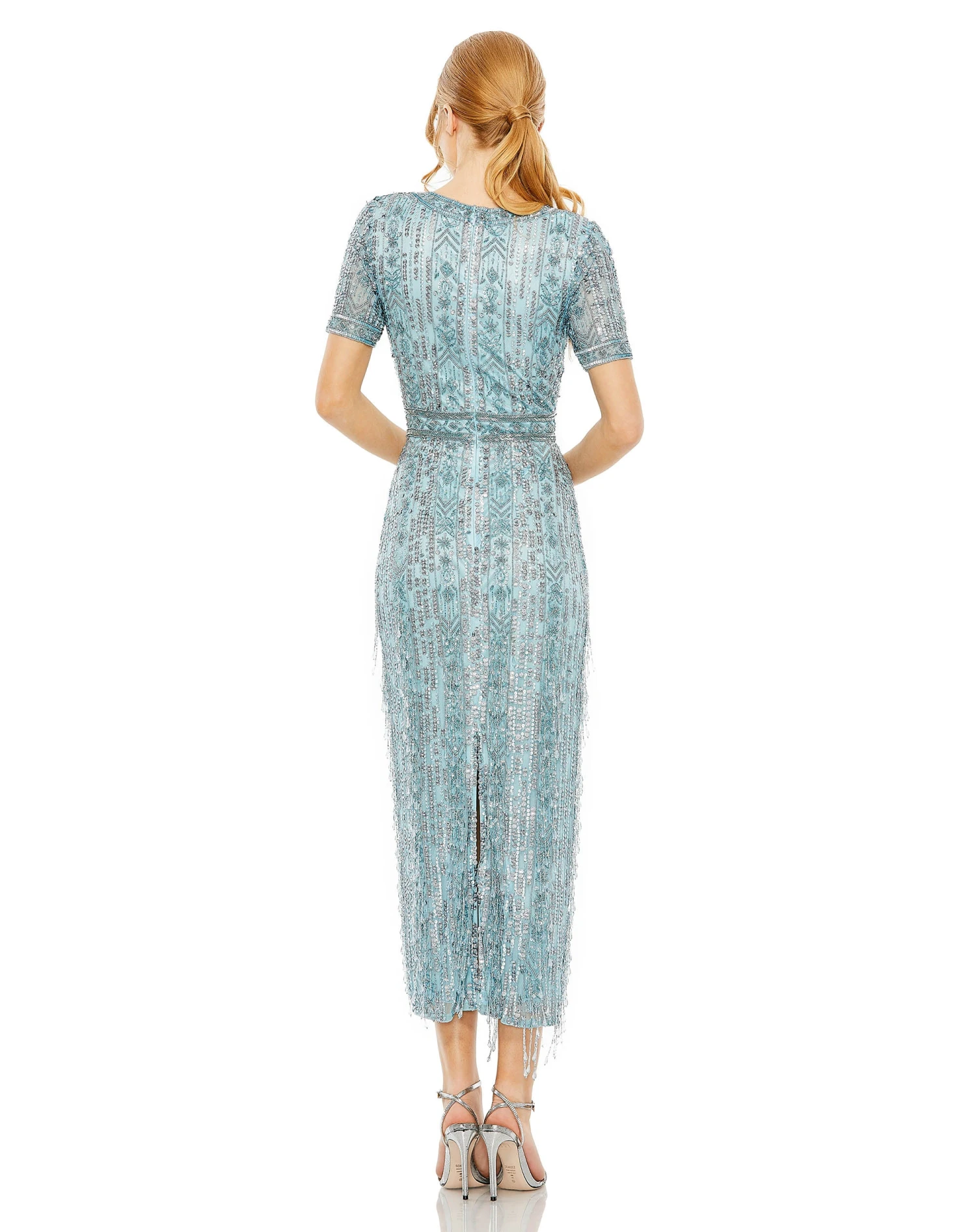 High Neck Short Sleeve Crystal Fringe Column Dress 4 High Neck Short Sleeve Crystal Fringe Column Dress - Image 4