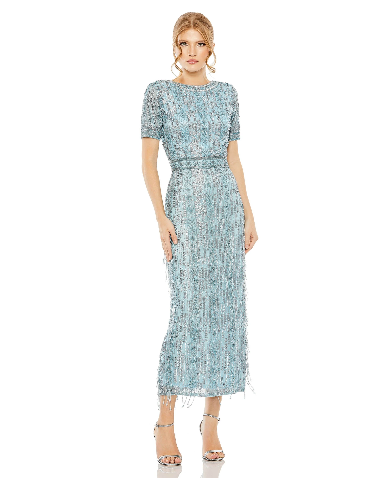 High Neck Short Sleeve Crystal Fringe Column Dress 3 High Neck Short Sleeve Crystal Fringe Column Dress - Image 3