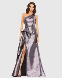 One Shoulder Metallic Ruffled Evening Gown -Fashion Dress Shop 66975M Amethyst AB