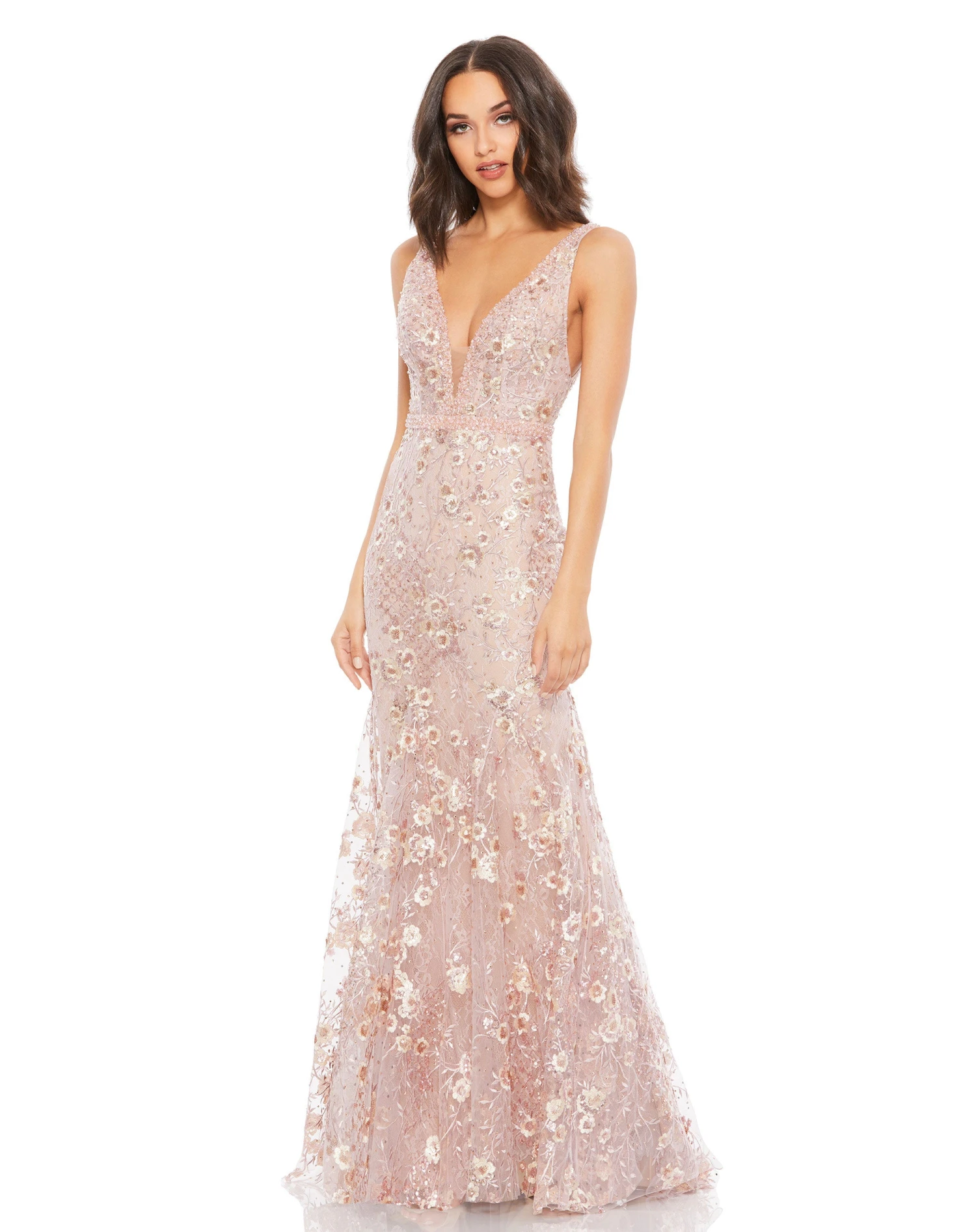 Floral Embellished Sleeveless Plunge Neck Gown 1 Floral Embellished Sleeveless Plunge Neck Gown