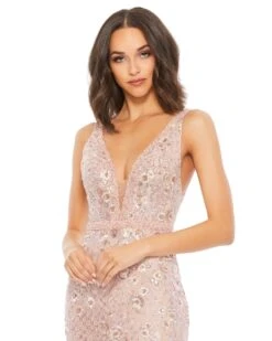 Floral Embellished Sleeveless Plunge Neck Gown 8 Floral Embellished Sleeveless Plunge Neck Gown -Fashion Dress Shop 67481M RosePink CL