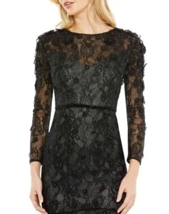 Floral Appliqué Long Sleeve Cocktail Dress -Fashion Dress Shop 67703 Black CL scaled