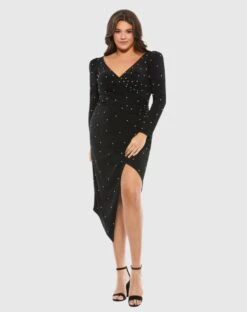 Rhinestone Embellished Faux Wrap Jersey Dress (Plus)