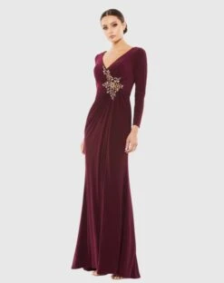 Faux Wrap Long Sleeve Gown W/ Appliqué Detail