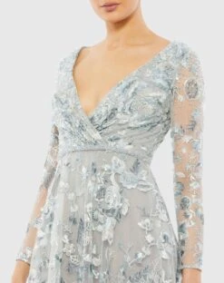 Embellished V Neck Illusion Long Sleeve A Line Gown -Fashion Dress Shop 67869 Platinum CL scaled