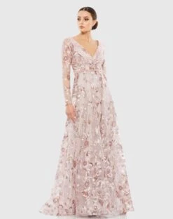 Embellished V Neck Illusion Long Sleeve A Line Gown -Fashion Dress Shop 67869 Rose AB scaled