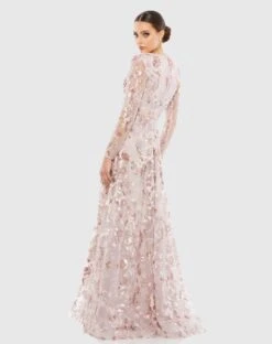 Embellished V Neck Illusion Long Sleeve A Line Gown -Fashion Dress Shop 67869 Rose BK scaled