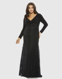 Wrap-Over Long Sleeve Lace Applique Trumpet Gown (Plus)