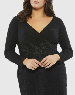 Wrap-Over Long Sleeve Lace Applique Trumpet Gown (Plus) -Fashion Dress Shop 67896 blk 3 ws scaled