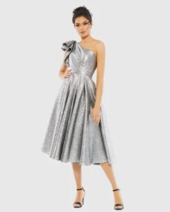 One Shoulder Bow Midi Dress -Fashion Dress Shop 67906 Silver AB scaled