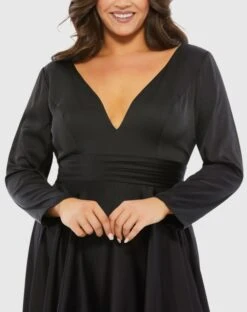 Satin Long Sleeve Sweetheart Flowy Midi Dress (Plus) -Fashion Dress Shop 67907 Black CL scaled