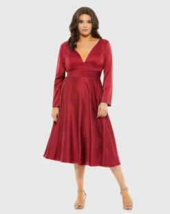 Satin Long Sleeve Sweetheart Flowy Midi Dress (Plus) -Fashion Dress Shop 67907 Burgundy AB scaled