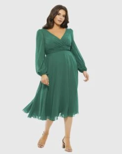 Chiffon Bishop Sleeve Dress Surplice Dress (Plus)
