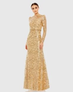 Embellished High Neck Long Sleeve Gown -Fashion Dress Shop 68011 Gold AB scaled